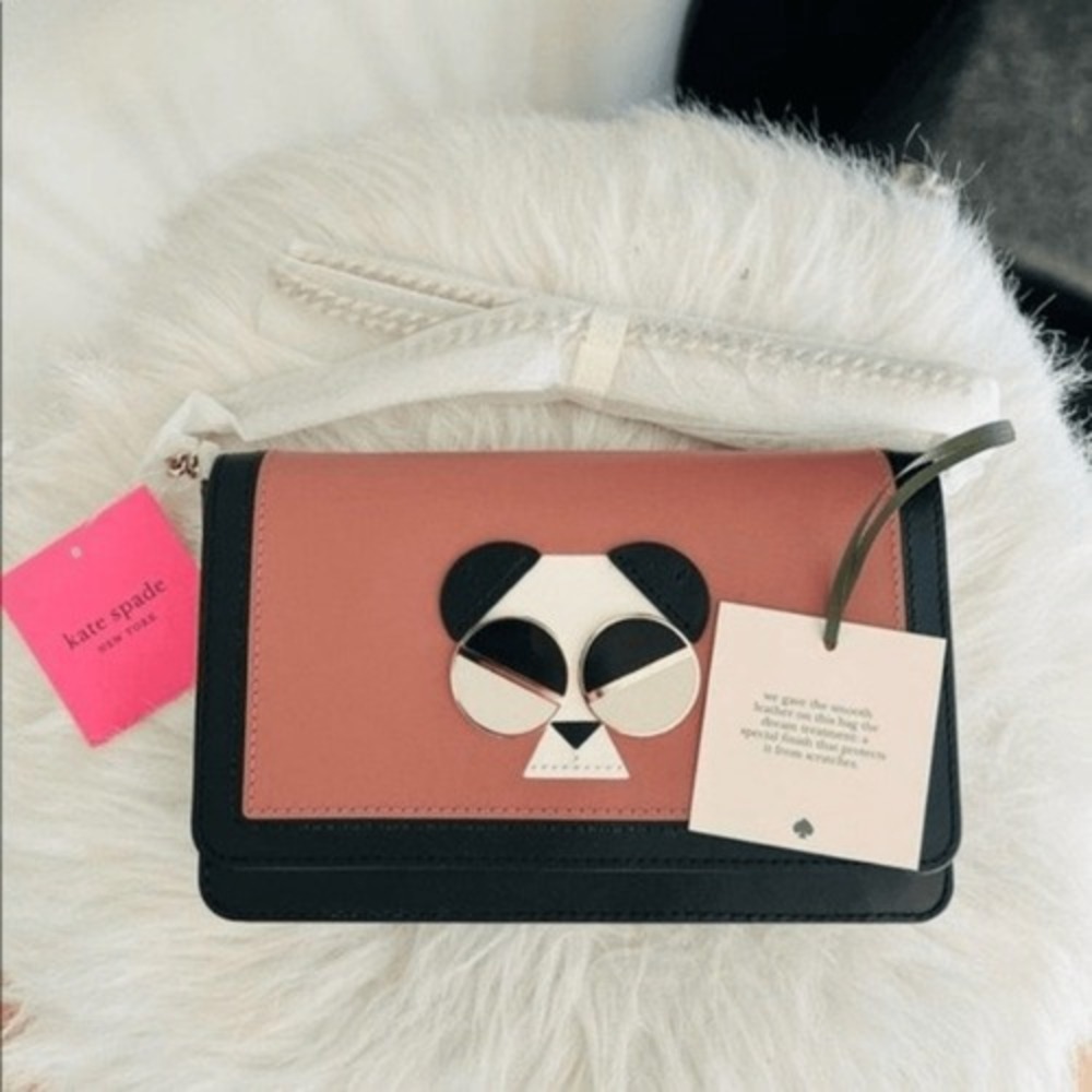 Kate Spade Gentle Panda Crossbody‎ Leather Wallet Bag, Pink/Black, NWT - Picture 11 of 16